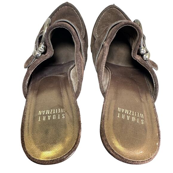 Stuart Weitzman Brown Suede Studded Mule Heels W/ Buckle Women's Size 6.5M US - Picture 6 of 8